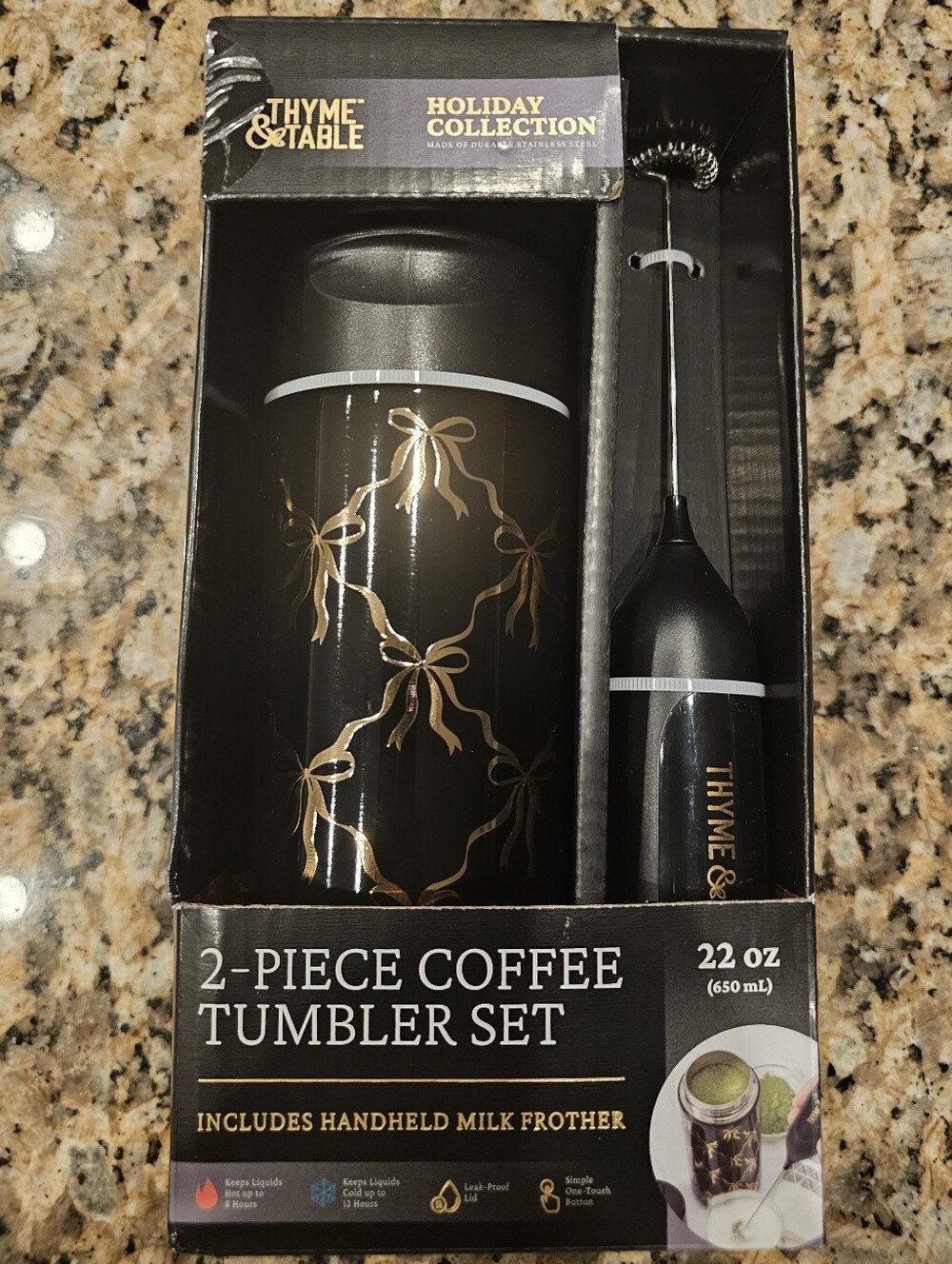 Thyme & Table Black & Gold 2-Piece Coffee Tumbler Set with Milk Frother